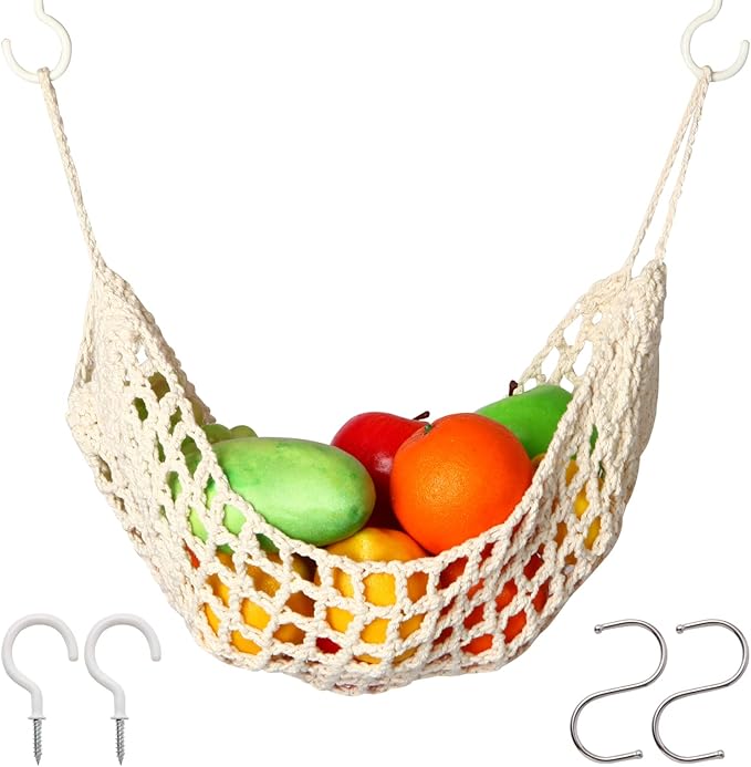 Fruit Hammock Under Cabinet with Hooks, Macrame Hanging Fruit Basket for Kitchen, Produce Hammock Banana Hanger, Boho Fruit and Veggie Storage Net, Space Saving Kitchen Organizer.