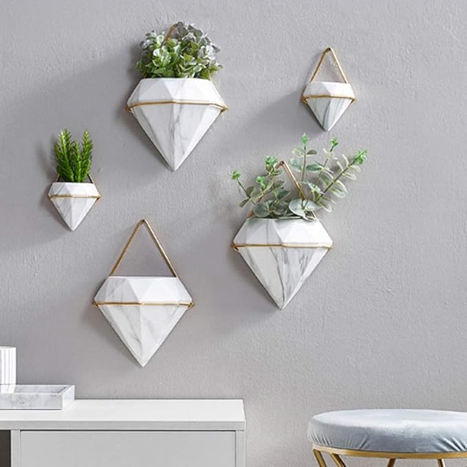 Diamond Wall Planters,Geometric Wall Flower Vases Set,Wall Mounted Plant Holder Vase,Ceramic Air Plants Hanging Holder Pots,Cactus Faux Plant Containers Modern Indoor Decor for Home Office (Golden B)