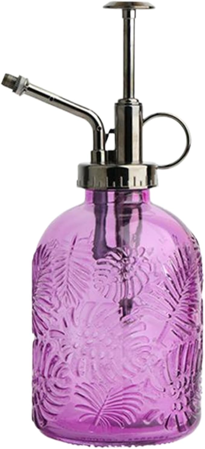 Plant Sprayer Mister 350ml Fine Mist Water Can Leaf Pattern Glass Purple Watering Can with Handle Non-Slip Exquisite Plant Watering Device for Indoor