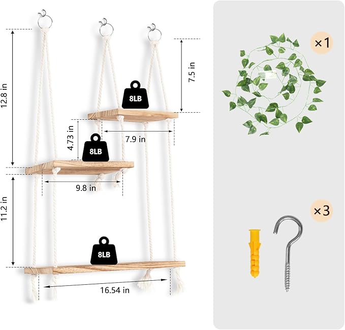 Hanging Shelves for Wall,Macrame Hanging Plant Shelf with Vine Lights 3 Tier Rope Floating Shelf Wood Organizer Storage Rack Boho Wall Decor Aesthetic for Succulents Bedroom Bathroom Kitchen