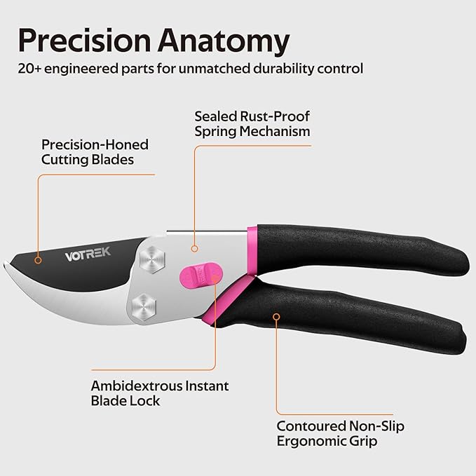 VOTREK® Pruning Shears, 8.5” Professional Garden Pruner with Jam-Proof Spring & Ever-Sharp SK5 Blade, Ergonomic Bypass Clippers for Rose, Tree, Heavy Duty Bonsai Scissor for Weak Hand