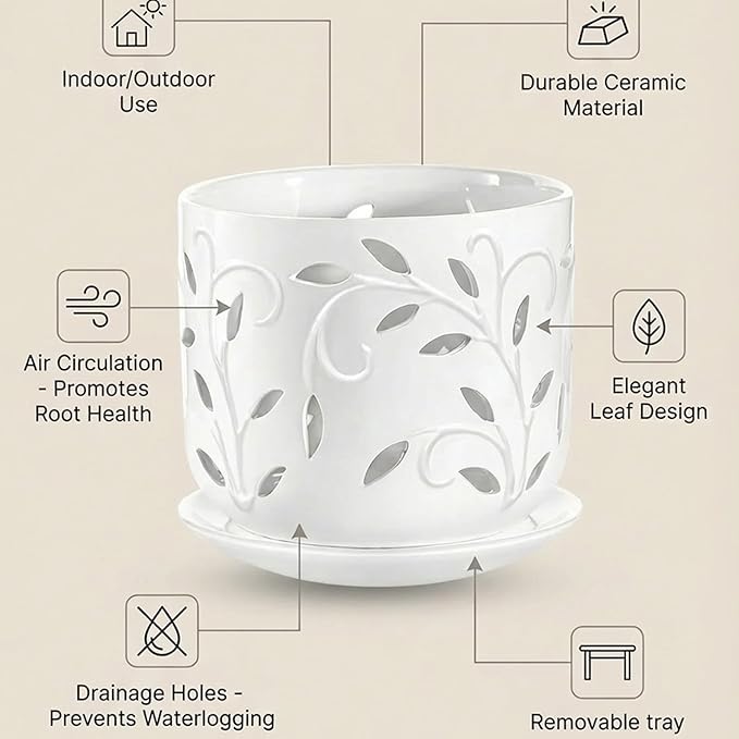 EFISPSS Ceramic Orchid Pots 5+6 Inch White with Drainage Holes & Tray, Breathable Airflow, Indoor & Outdoor