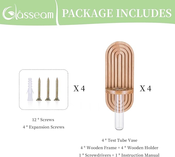 Glasseam Propagtion Stations for Wall Decor: 4pcs Boho Hanging Glass Propagation Vases for Plants and Flowers - Indoor Wood Wall Planter with Test Tube for Living Room Entryway Office Home Decor