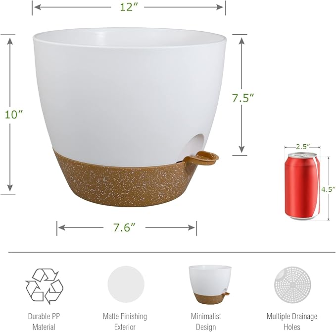 UOUZ 12inch 2Pack Large Self Watering Planters, Plastic Plant Pots with 60oZ Removable Deep Reservoir and Multi Mesh Drainage Holes for Indoor Outdoor Garden Plants and Flowers, White with Brown