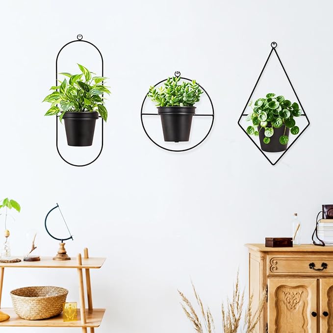 Geometric Wall Planters for Indoor Plants Set of 3 Black Metal Wall Mounted Plant Holder (Diamond & Oval & Round Shapes) with 5 Inch Flower Pots, Modern Hanging Planters for Indoor Decor
