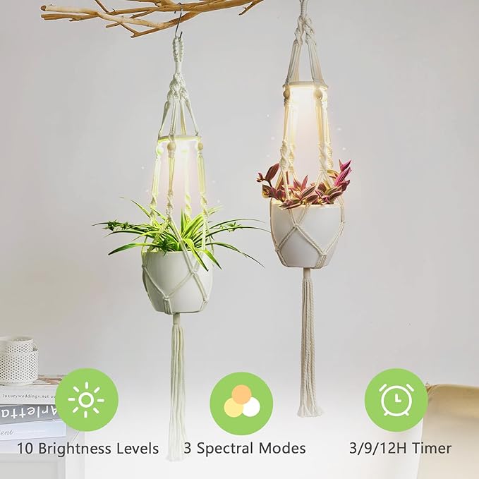 2 Pack Macrame Plant Hanger with Grow Light: Sturdy Hanging Planters for Indoor Plants, Cute Plant Holder with Plant Light, Fits 5–9 Inch Pots (Daylight Spectrum)