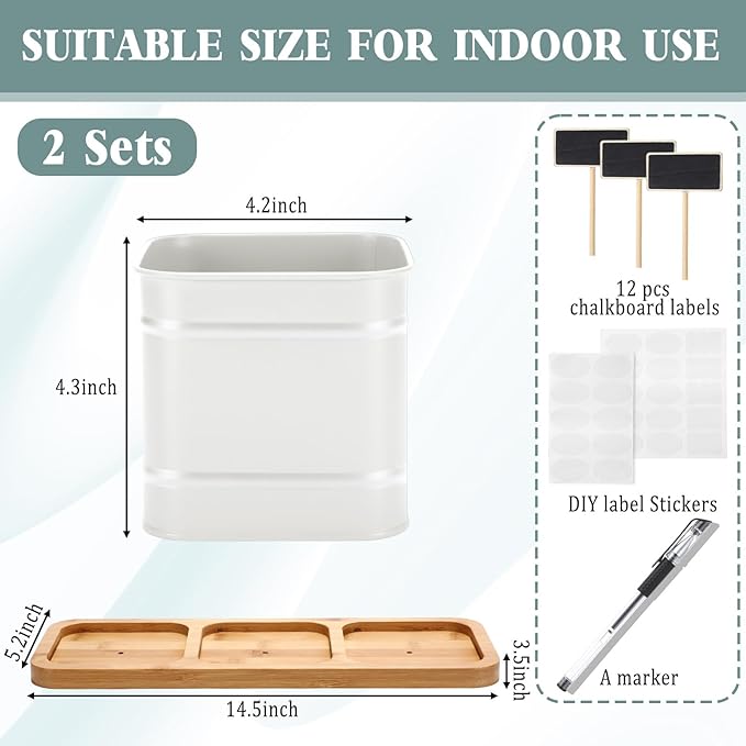 LemonRoad 6 Pcs Indoor Herb Planter Window Herb Pots for Kitchen with Drainage Hole and Bamboo Tray Farmhouse Metal Garden Planter Pot with DIY Label Mom Plant Gift(White,Square)