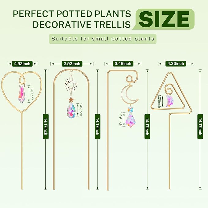 WellSign Small Trellis for Potted Plants Indoor with Colorful Crystal Sun Catcher, 14.17 Inch Metal Plant Lattice for Mini Potted Plant Decoration for Home Window Garden 4 Pack