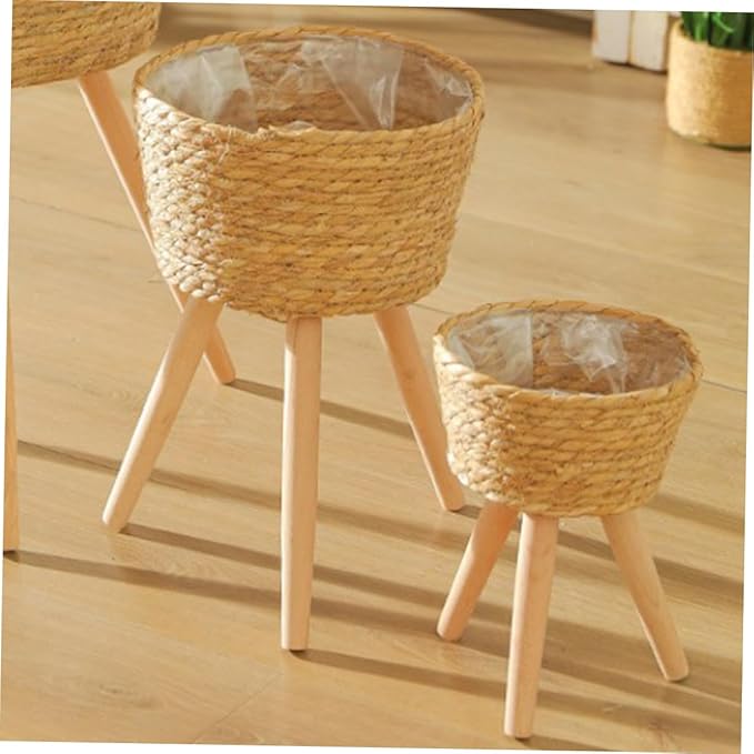 Wood Woven Plant Pot Stand with Legs Durable Minimalist Flower Basket for Indoor and Outdoor Use for Home Decor and Garden Display