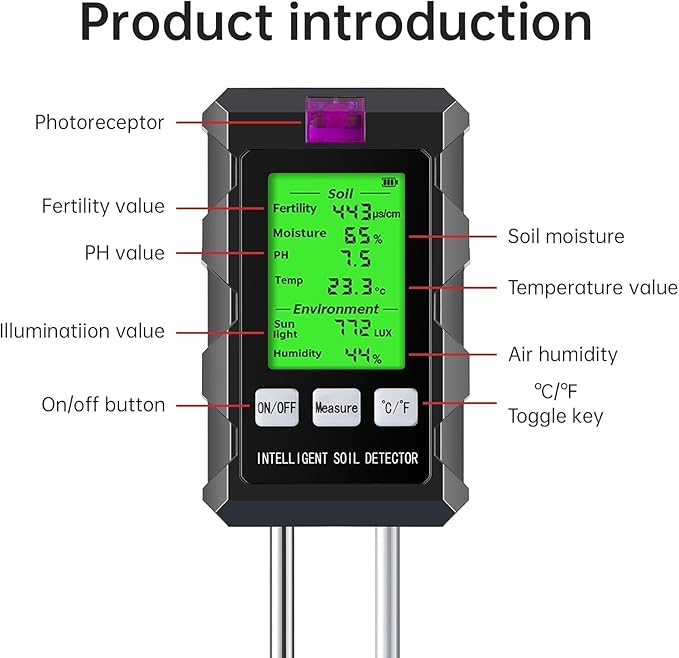 6-in-1 Moisture Meter, 2026 Dual Probe Soil Tester, Moisture/pH/Temperature/Sunlight/Air Humidity/Fertility, Perfect for Farming, Gardening, Lawns, Outdoor (2*AAA Battery Needed)