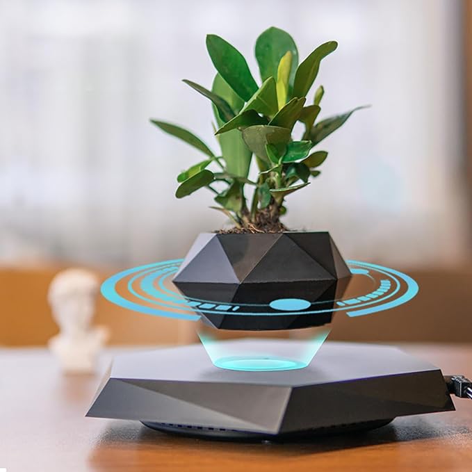 Magnetic Levitation Flower Pot - Rotating Floating Planter for Small Plants - Ideal for Office Desk and Room Decoration
