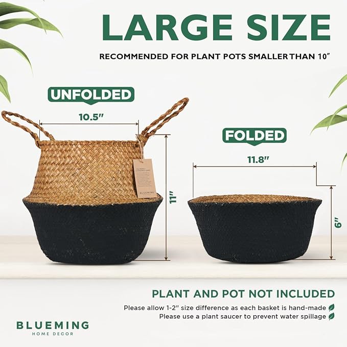 Plant Baskets – Seagrass Planters for Indoor Faux Olive Tree, Woven Wicker Rattan Pot for Boho Decor 9-10 Inch (Black Bottom, Twin Pack)