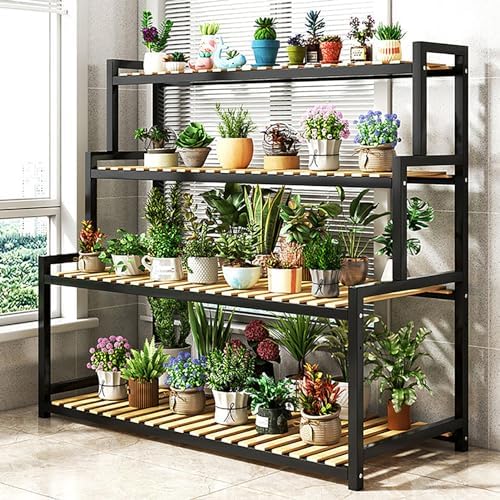 4-Tier Bamboo Plant Stand with Metal Frame - Multi-Layer Flower Display Rack for Indoor Succulents, Herbs & Home Decor - Stylish Ladder-Style Wooden Organizer