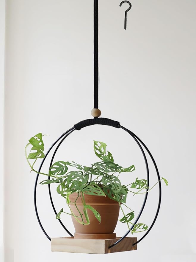Plant Hanger with Wood Base - Boho Macrame Hanging Plant Holder for Indoor Plants Hanging Planter for Wall /Window/Room Decor Black (Pot & Plant Not Included)