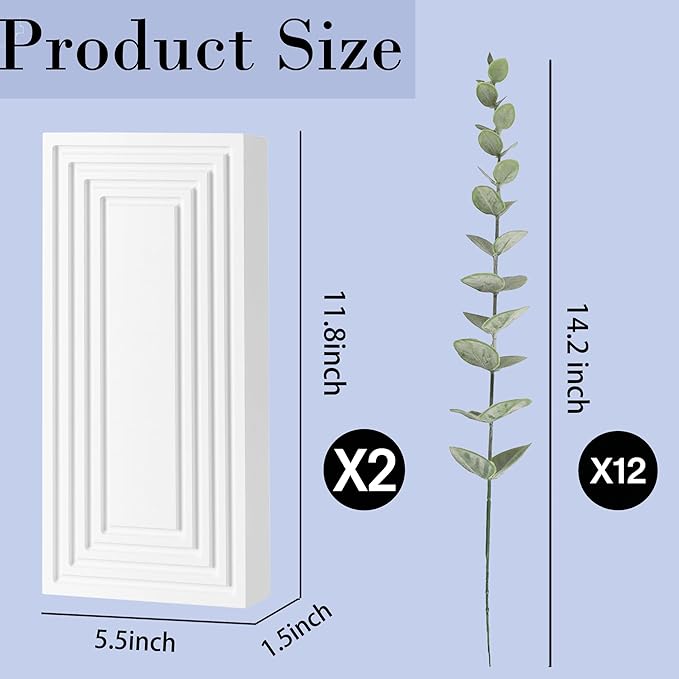 Wooden Wall Planter Vase, 2 Pack White Wood Hanging Vases with Fake Eucalyptus for Indoor Modern Boho Farmhouse Wall Art Decor for Home Indoor Kitchen Modern Farmhouse Bathroom