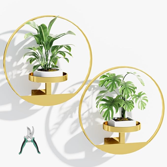 Wall Plant Shelf, Hanging Frame Decor Planter for Indoor Plants, Wall Mounted Plant Holder for Living Room/Entryway/Garden Flower Pot Holder Free Garden Shears (Circle-Gold, 2pcs)