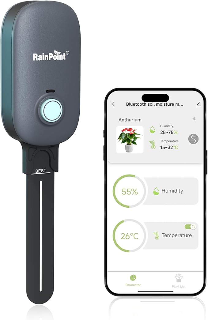 RAINPOINT Bluetooth 2-in-1 Soil Moisture & Air Temp Meter, App Remote Monitoring, 20 Plant Database, Compatible with WiFi Hub TWG009 & Water Timer ITV102b