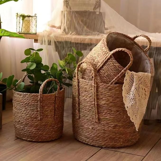 Handmade Rattan Woven Flowerpot Straw Woven Storage Basket Plant Holder Flower Pot Planter Balcony Home Decoration(13.78''X11.81''X13.78'')