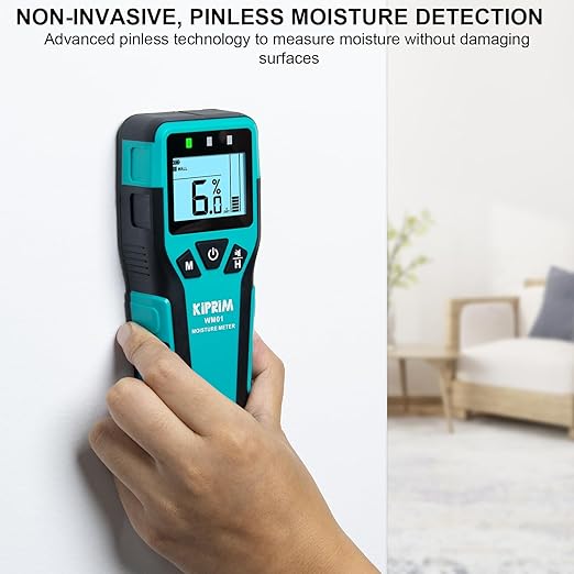 Kiprim Pinless Moisture Meter Home Moisture Level Tester Damp Meter for Floor,Wood, Walls, Concrete – Accurate Non-Destructive Testing Moisture Meter WM01