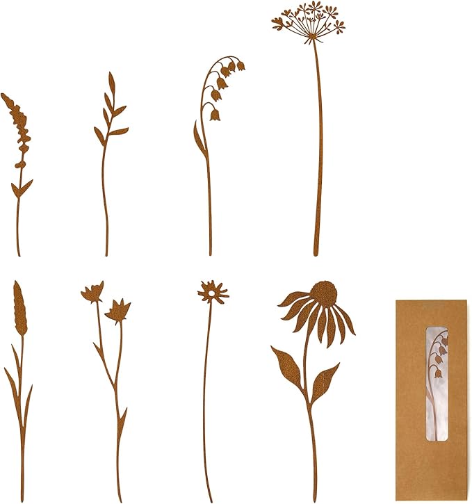 8-Piece Garden Bloom Stakes – Rustic Hand-Rusted Metal Flower Stakes for Flower Beds, Lawns, Pots, Patio, Outdoor Décor, Yard Art & Plant Decorations