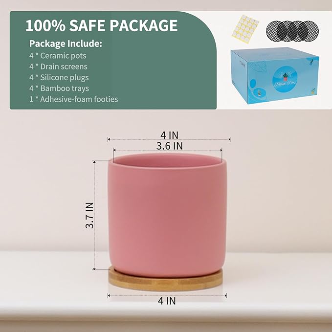 TAMAYKIM 4 Inch Ceramic Plant Pots with Drainage Holes & Tray, Adorable Small Cylinder Planter for Indoor Decor, Succulent, Snake Plants, Cactus & Herbs, Flowers, Set of 4 for Home Office Garden