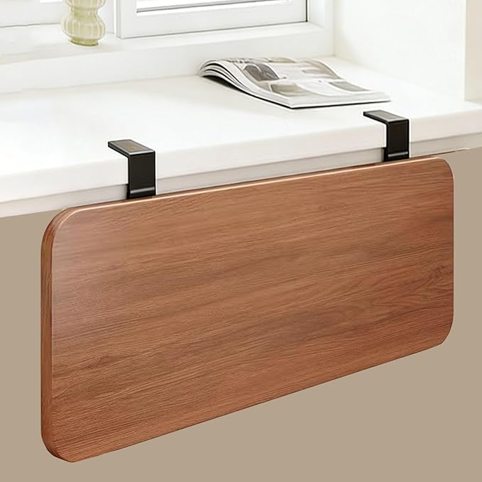Clamp Window Sill Plant Shelf Foldable, No Drill Desk Extender Tray Space Saving, Wood Window Sill Extender Removable, Countertop Gap Rack(Walnut,70x25cm(27.6x9.8in))