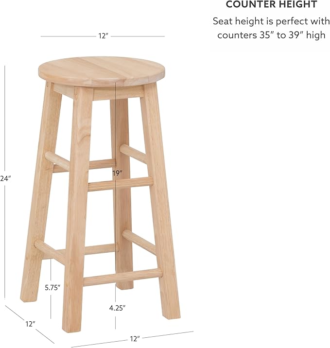 Linon Zeke Unfinished Solid Wood Backless Round Counter Stool with 24 Inch Seat Height