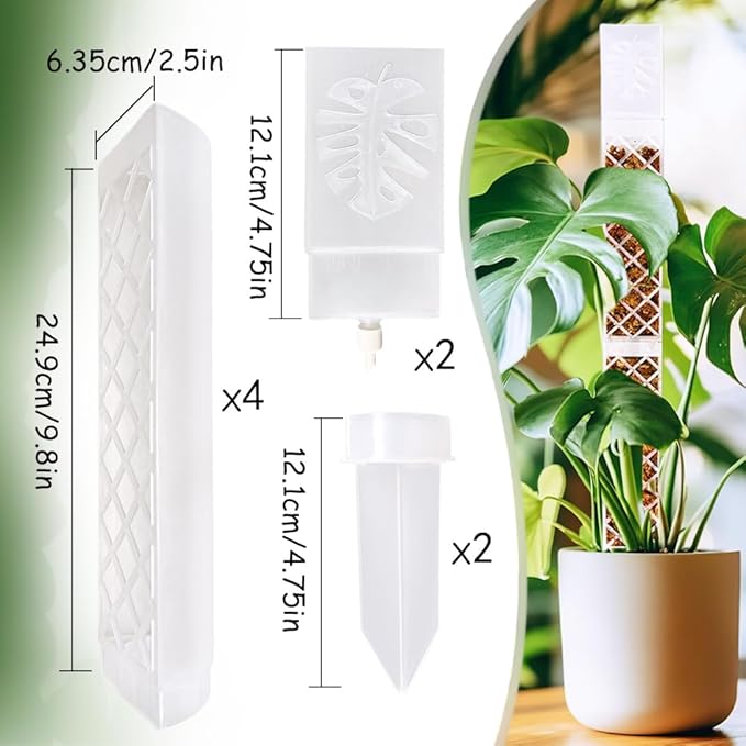 MIIIM 4 Pcs Self-Watering Moss Poles, D Shape Moss Pole Kit for Climbing Plants Indoor, Semi Transparent Monstera Plant Support, 2 Drip Cups and 2 Anchor Stake