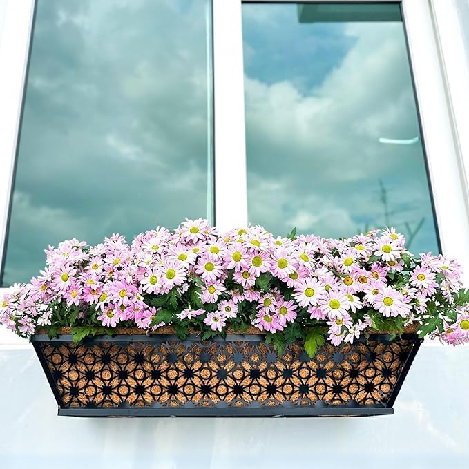 Maxona Window Boxes Planters to Attach to House, 4 Pack, 24 inch, Wall Planter for Outdoor Plants with Coco Liner, Black Metal Flower Basket Balcony Garden Fence Rail Railing Deck Patio Porch Décor