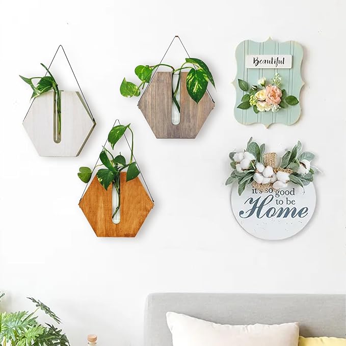 Firlar Premium Wall Mounted Propagation Station Wall Hanging Planter Tubes, Wooden Base Glass Plant Pots Plant Terrarium, Indoor Wall Vases for Modern Living Office Spaces(Brown)