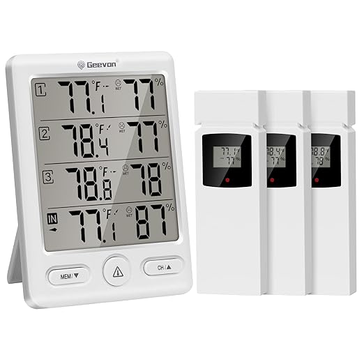 Geevon Indoor Outdoor Thermometer Wireless with 3 Remote Sensors, Digital Hygrometer Indoor Thermometer, Temperature Humidity Monitor Gauge with 200FT/60M Range