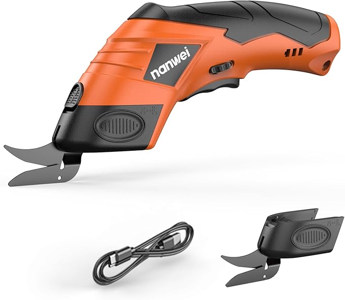 NANWEI Electric Scissors Cordless, Type-C Rechargeable Cardboard Cutter with 2 Blades, 4.2V High‑torque Motor, for Fabric Carpet Leather (Orange)