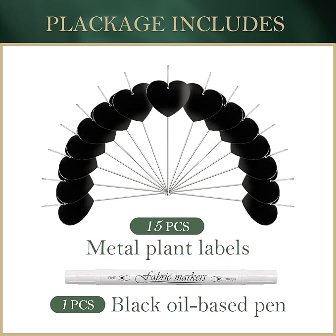 25-Pack Iron Metal Heart Shaped Garden Markers Weatherproof Metal Plant Labels Large Planting Seedling Stake Signs, for Seedlings Herbs Vegetable Greenhouse Gifts with White Marker Pen Labels