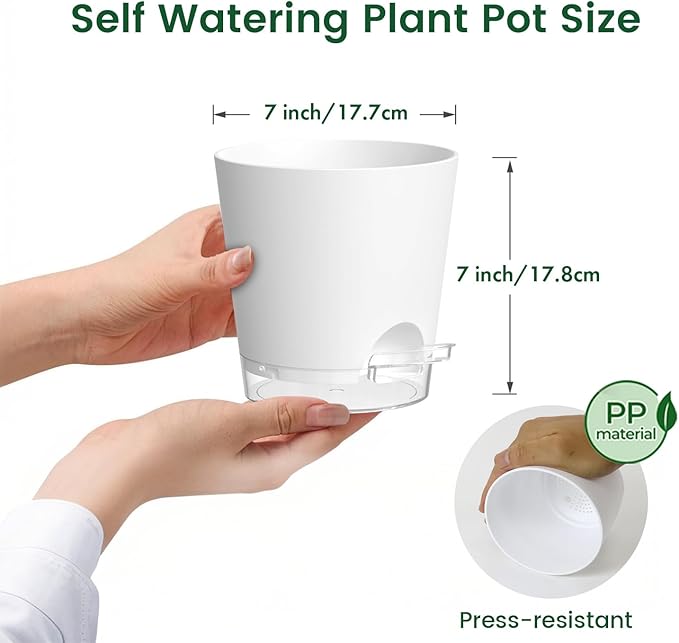 Meowell 7 inch Self Watering Pots for Indoor Plants, 5 Pack Plant Pots with Drainage Holes & Clear Reservoir for Visible Water Level, Plastic Wicking Planter Pots for House Plants and Flower, White