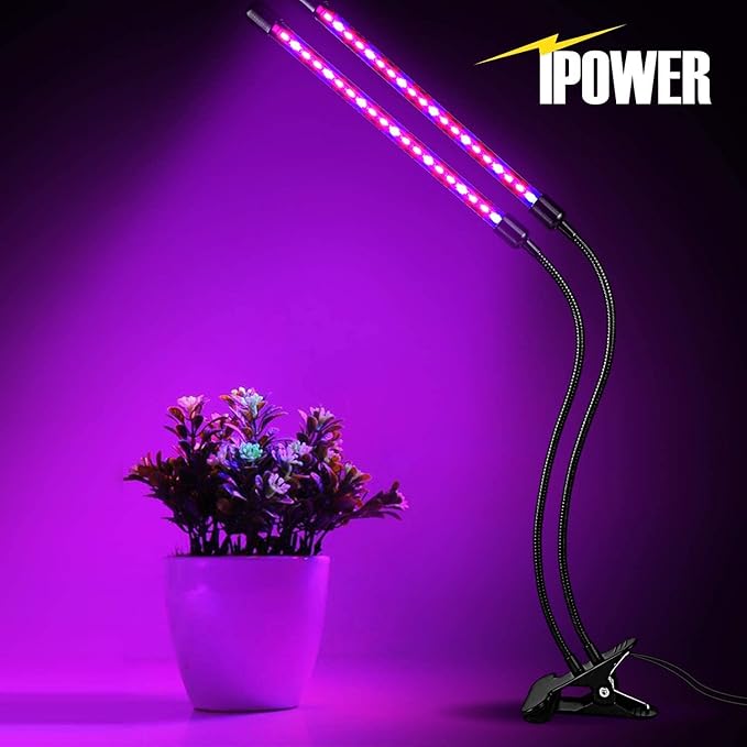 iPower 10W Red Blue Spectrum Grow Light Dual Head Bulbs Strips with 3/9/12H Timer 11 Levels Dimmable for Indoor Plants