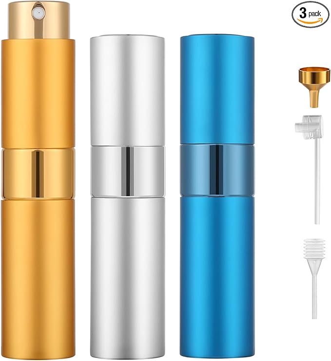 Perfume Travel Refillable Atomizer 8ML (3PCS) - Empty Cologne Spray Bottle, Portable & Leakproof Sprayer for Travel (Blue, golden, Silver)