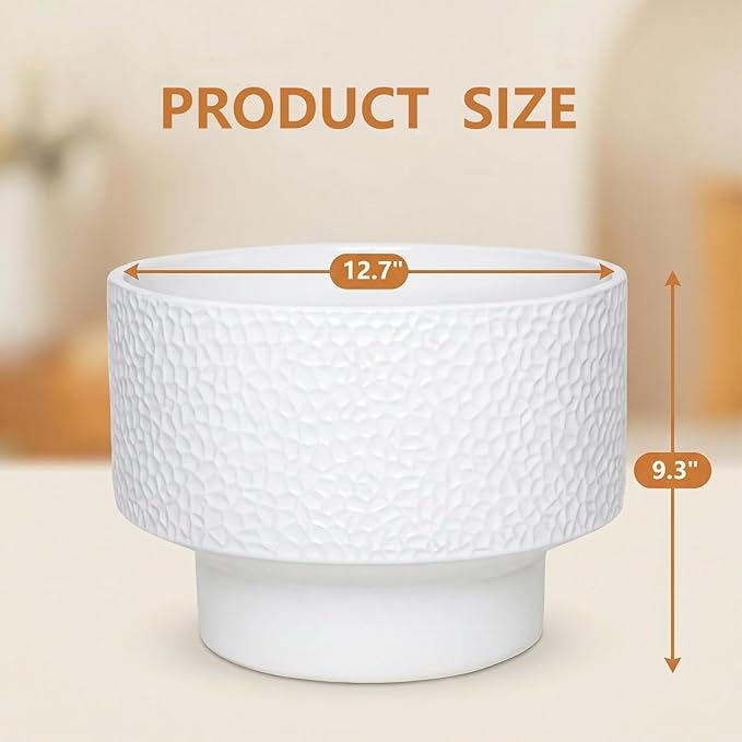 13 Inch Ceramic Pots for Plants, Large Planters for Indoor Plants with Drainage Hole, Modern Indoor Plant Pots for Home Office, Honeycomb Ceramic Planter Pots, White