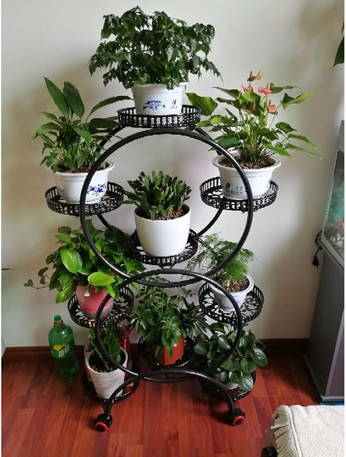 6 Tier Metal Plant Stand Indoor/Outdoor Multiple Flower Pot Holder Shelf with 9 Round Trays, Flower Pot Stand Plant Rack for Patio Living Room Corner Balcony, Black