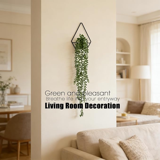 GREENTIME 2 Pack Fake Succulent Plants Hanging Artificial Ivy Vine with Black Diamond Metal Hanging Vase Faux String of Pearls for Teacher Appreciation Living Room Bedroom Boho Kitche Wall Shelf