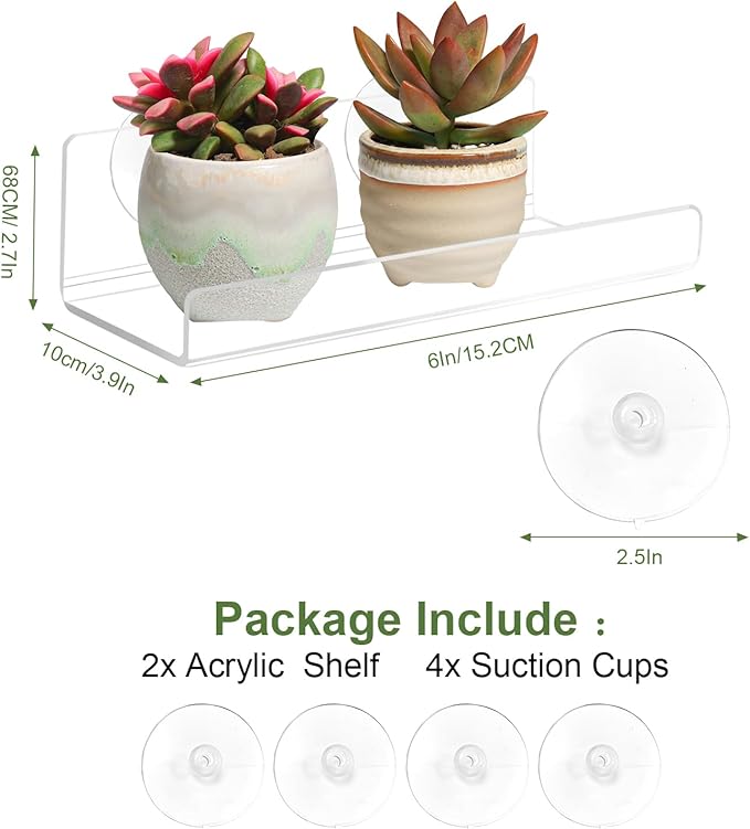 2-Pack 6'' Clear Acrylic Modern Window Mount Floating Shelf, 2 Shelves, 2 Inch Depth, 5 lbs Max Weight, Space Saving, No Drilling, Suction Cup, Bathroom, Kitchen, Wall