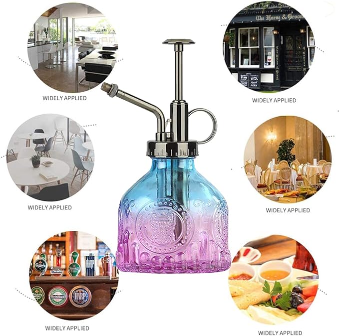 Glass Plant Mister Spray Bottle Indoor Watering Can 6.4inch Tall with Bronze Plastic Top Pump Vintage Small Plant for Outdoor Garden Succulent Flower