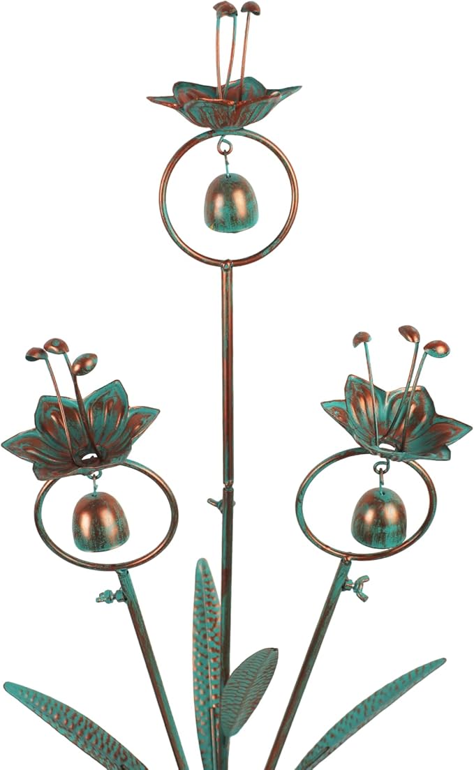 Calla Lily Garden Stake with Bells, Metal Flower Decorative Garden Stakes, 34" H Yard Art for Outdoor Lawn Patio Pathway Decor, Copper Green