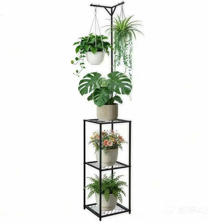 3 Tiered Hanging Plant Stand Indoor outdoor, Corner Plant Flower Stand for Multiple Plants, 67" Tall Plant Rack for 5 Potted Flowers,Plant Shelf for Living Room, Balcony, Patio, Garden, Square Black Metal