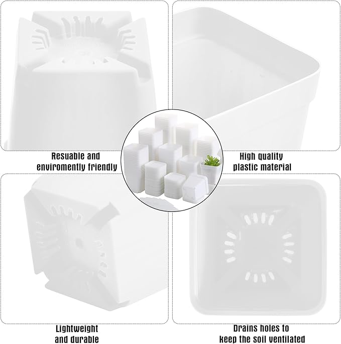 140 Pcs 3 Inch Plastic Plant Pots Square Seedling Nursery Pots Reusable Small Plant Pots with Saucers 140 Pcs Waterproof Plant Labels T Type Plant Tags Marking Pen for Garden Balcony Office (White)