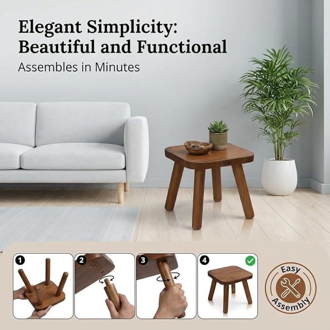 STORE INDYA Wooden Step Stool for Adults Non Slip Small Wooden Square Portable Foot Stool with Detachable Legs, Eco Friendly Mango Wood