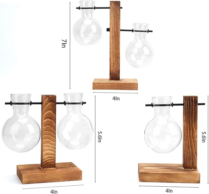 Hydroponic Plant Vases with Wooden Stand, Desktop Clear Glass Bulb Shape Vase Terrarium Planter Holder for Office Desk Wedding Decor, 2-Glass Beaker Bulbs