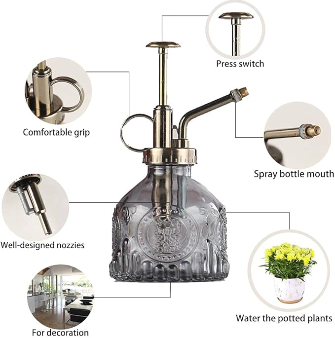 Plant Mister Glass Spray Bottle Small Plant Watering Can 6.4" Tall Retro Indoor Watering Can Bronze Plastic Top Pump for Garden Indoor Plant Sprayer (Grey)
