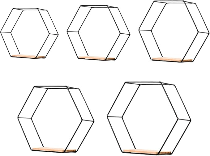 5 Pieces Hexagon Iron Wall Shelves Storage Rack Living Room Geometric Kitchen Bedroom Organizer for Mini Planter Displaying, Black