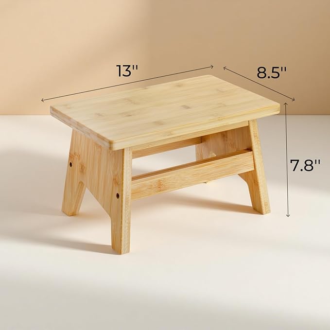 Lyellfe Bamboo Step Stool, Non-Slip One Step Stool, Potty Training Stool, Portable Sturdy Bedside Stool for High Beds, Support up to 300lbs, Easy Assembly