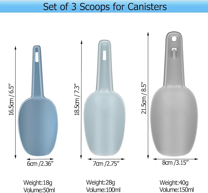 Flour Scoop Set of 3 for Canisters, Ice, Popcorn, Pet Food, Dry Goods, Coffee Beans, Candy - Plastic Scoops 1.7/3.4/5.1 oz